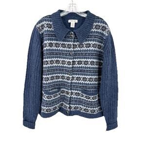 Cherokee Cardigan Womens XL Blue Shetland Wool Collared Button Nordic Fair Isle